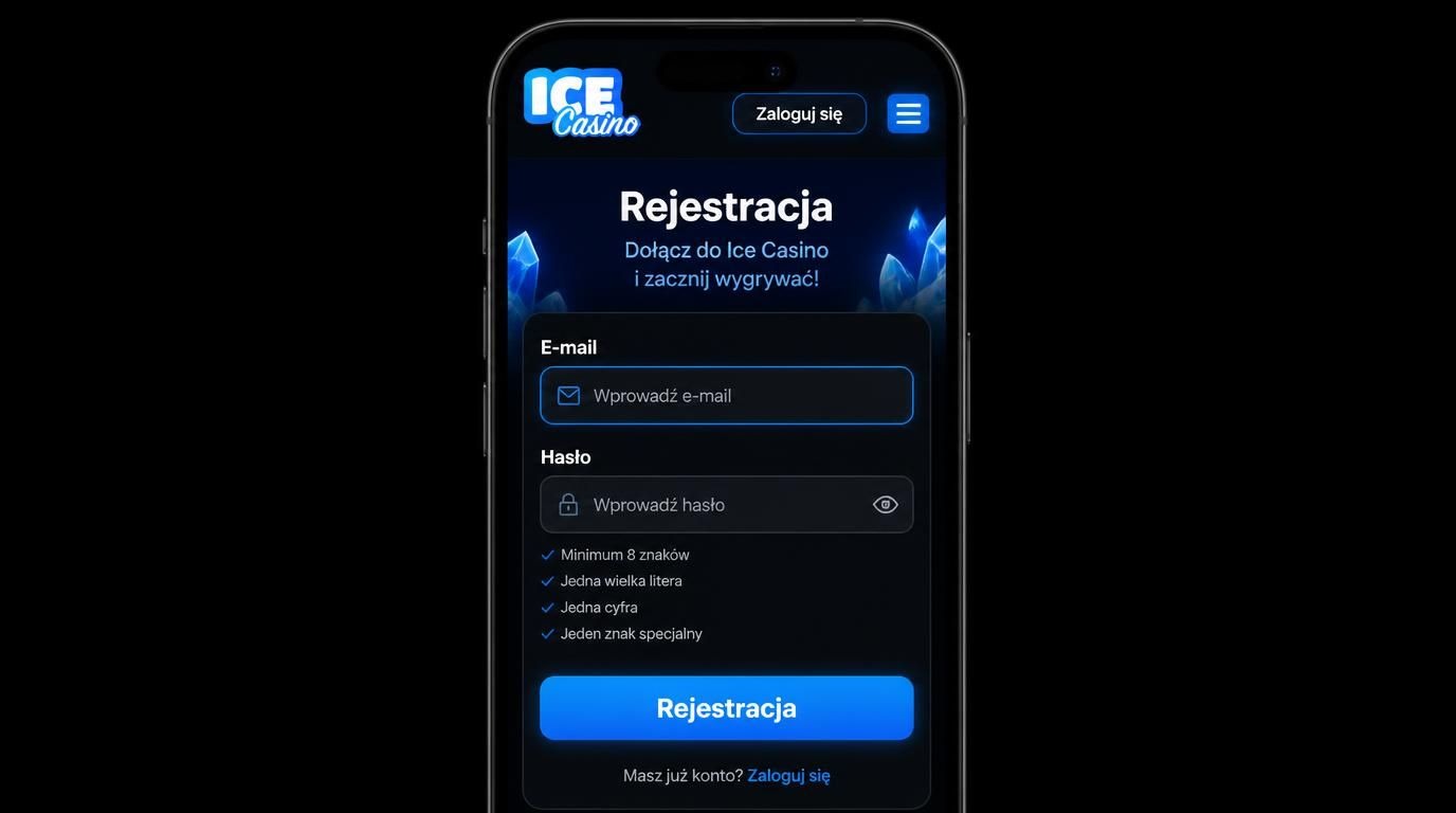  Telefon z formularzem rejestracji Ice Casino, widoczny przycisk „Rejestracja” i czytelne pola 