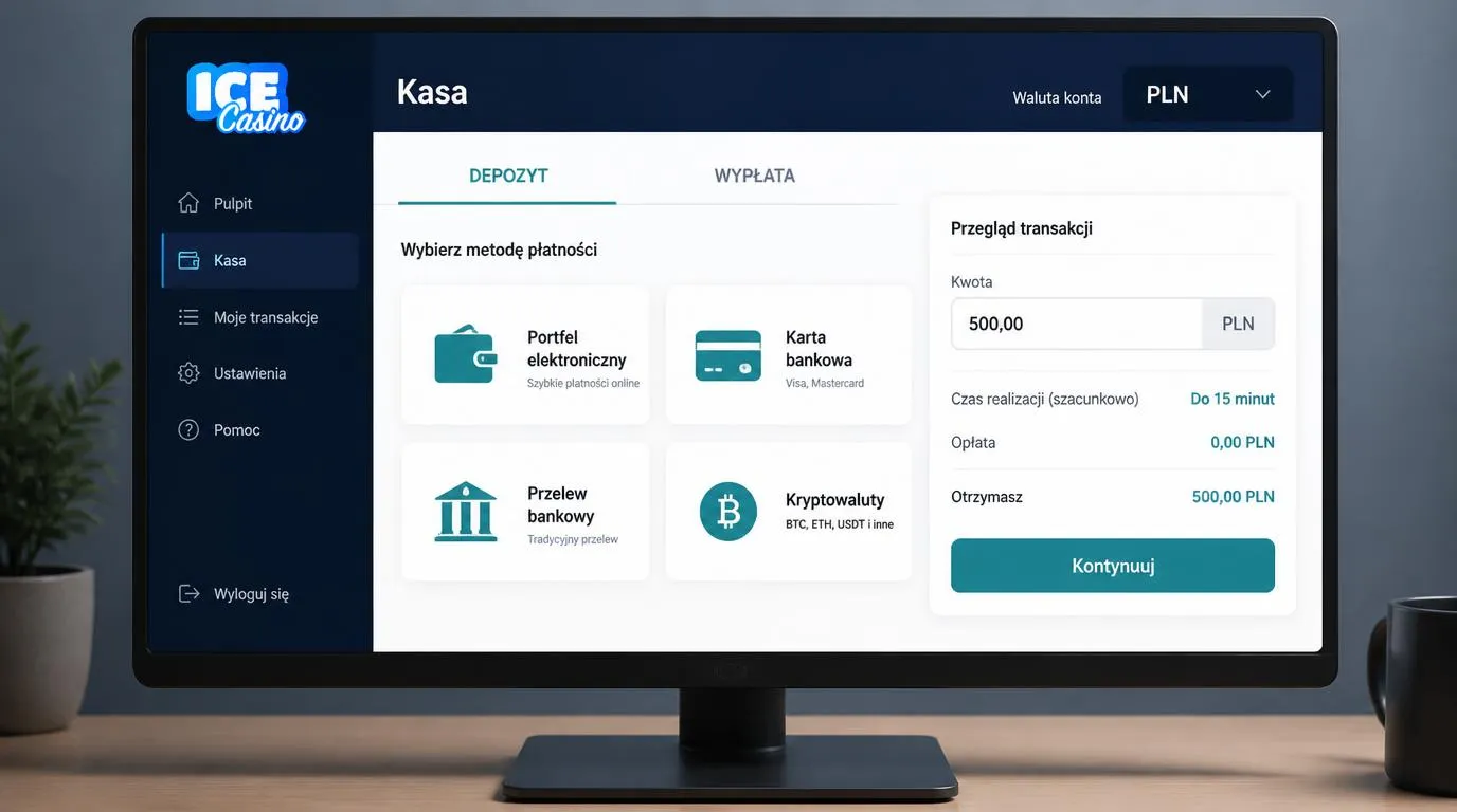 Panel kasjera z wyborem portfela, karty, przelewu i kryptowaluty oraz walutą konta PLN