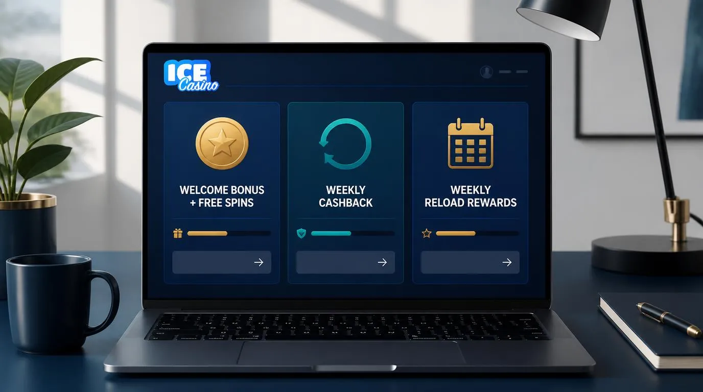 Panel promocji kasyna z kartami bonusu powitalnego, cashbacku i nagród tygodniowych