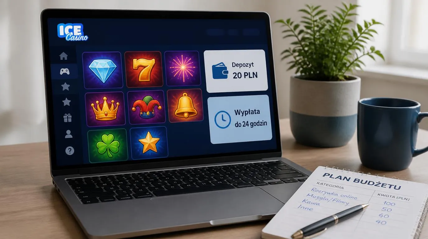 Laptop z katalogiem gier kasynowych oraz panelami depozytu 20 PLN i wypłaty do 24 godzin