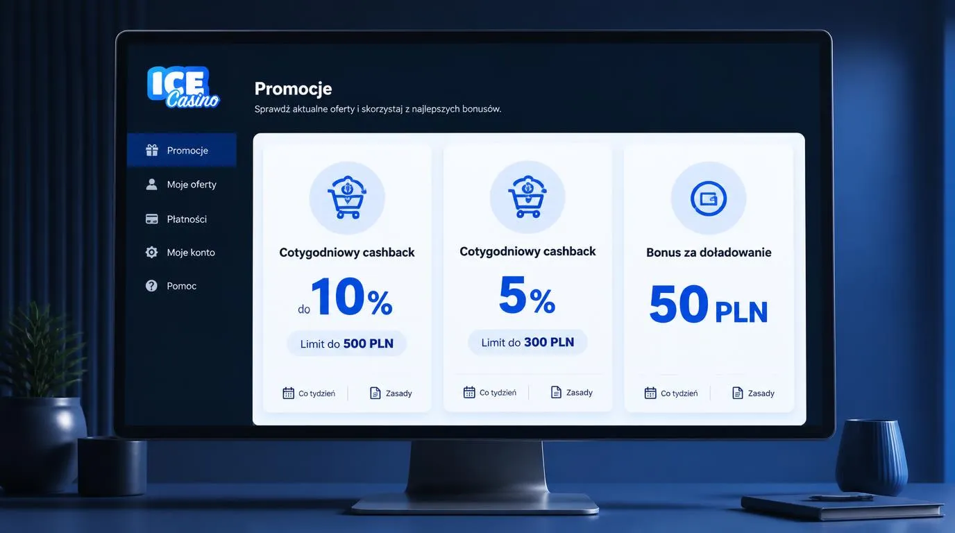 Panel promocji kasynowych z kartami cashbacku tygodniowego i bonusu na kolejną wpłatę